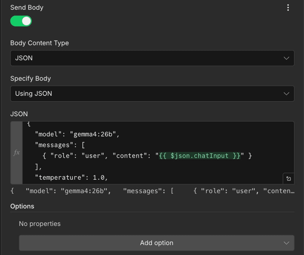 n8n HTTP Request Send Body with JSON chat completions payload